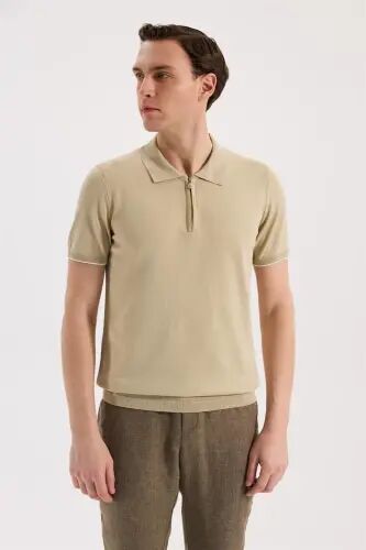 Beige Slim Fit Knit Zip Polo T-Shirt 