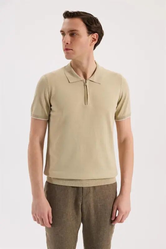 Beige Slim Fit Knit Zip Polo T-Shirt - 1