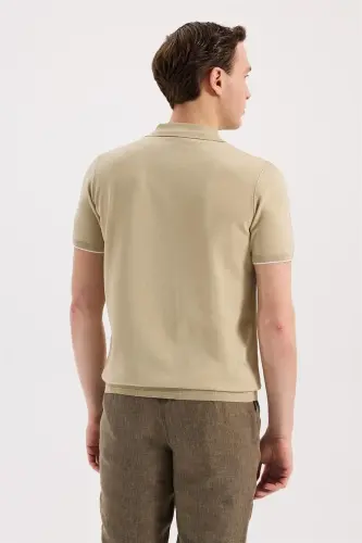 Beige Slim Fit Knit Zippered Polo Neck T-Shirt - 4