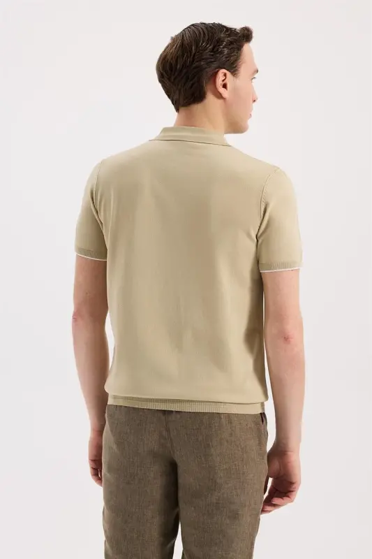 Beige Slim Fit Knit Zippered Polo Neck T-Shirt - 4