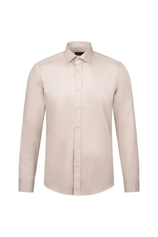 Beige Slim Fit Long Sleeve 100% Cotton Casual Flannel Shirt - HATEMOĞLU