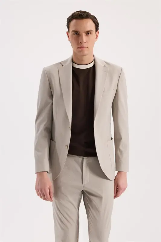 Beige Slim Fit Mock Neck Flexible Sport Jacket - 1