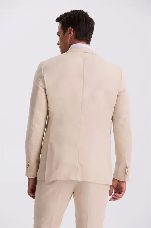 Beige Slim Fit Mono Collar Tencel Fabric Double Slit Pocket Blazer Suit - 4