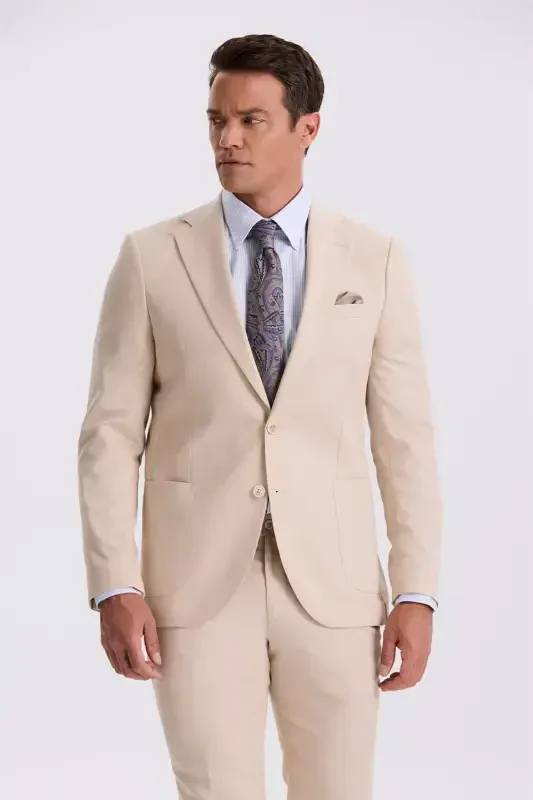Beige Slim Fit Notch Lapel Tencel Fabric Double Slit Flap Pocket Suit - 2