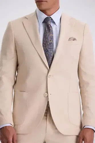 Beige Slim Fit Notch Lapel Tencel Fabric Double Slit Flap Pocket Suit - 3