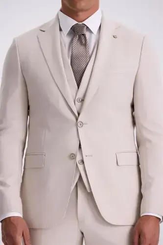 Beige Slim Fit Notched Collar Double Vent Two-Piece Suit - 3