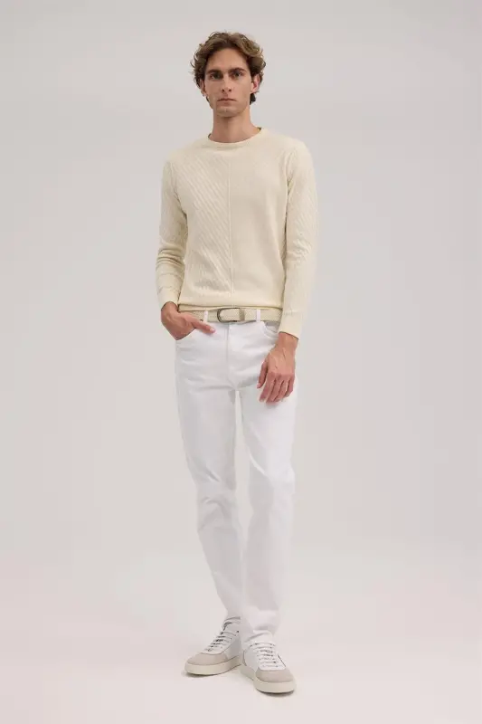 Beige Slim Fit Patterned Crew Neck Knitwear - 2