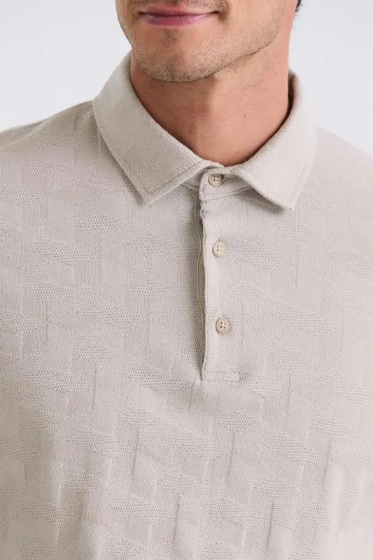 Beige Slim Fit Patterned Polo Neck T-shirt - 3