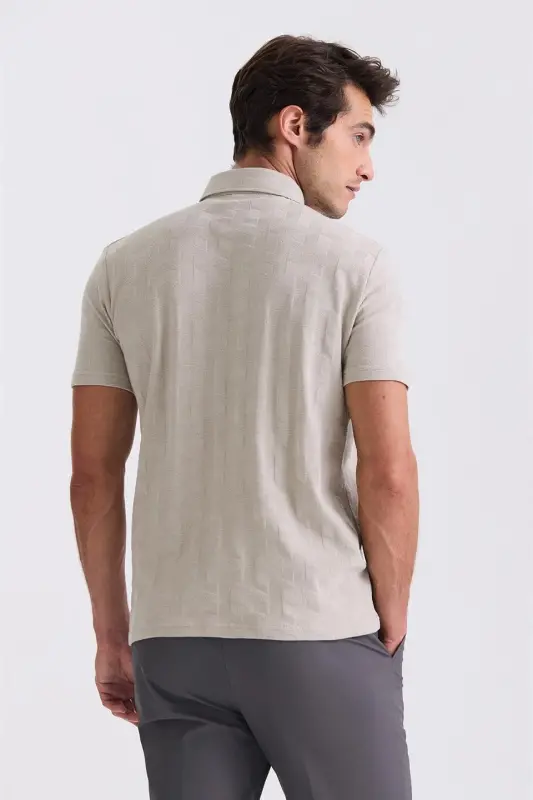 Beige Slim Fit Patterned Polo Neck T-shirt - 4