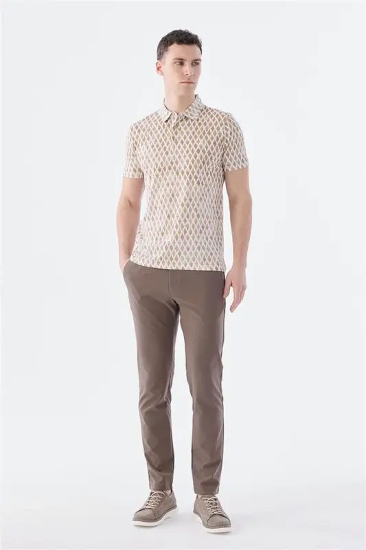 Beige Slim Fit Patterned Polo Neck T-Shirt - 4
