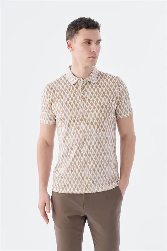 Beige Slim Fit Patterned Polo Neck T-Shirt - 5