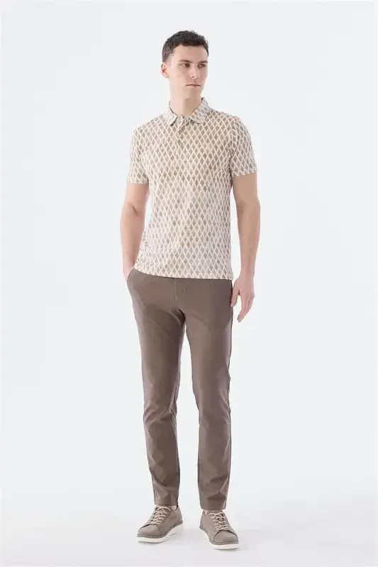 Beige Slim Fit Patterned Polo Shirt - 4