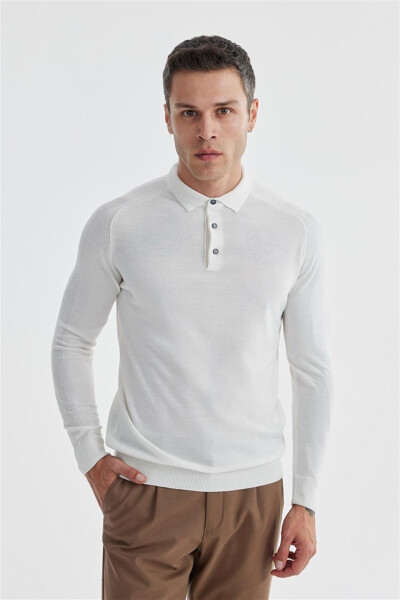 Beige Slim Fit Patterned Wool Polo Neck Jumper - 1