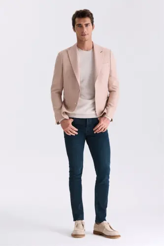 Beige Slim Fit Peak Lapel Casual Summer Jacket - JAKAMEN (1)