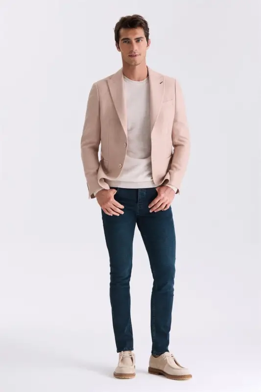Beige Slim Fit Peak Lapel Casual Summer Jacket - 2