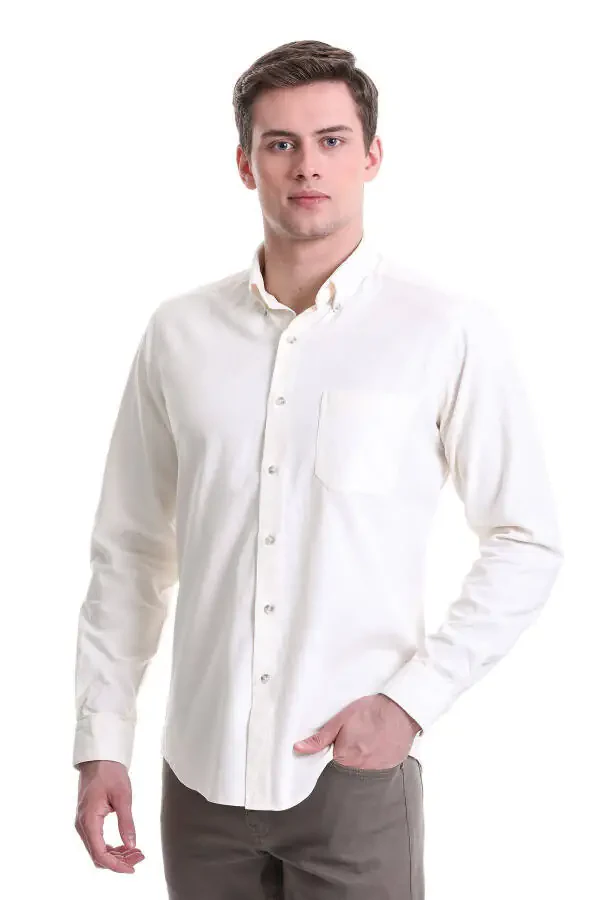 Beige Slim Fit Plain 100% Cotton Button-Down Collar Long Sleeve - 1