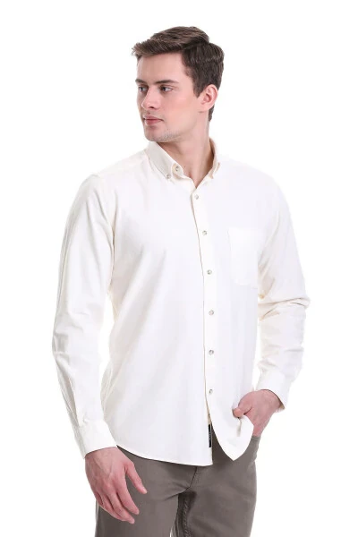 Beige Slim Fit Plain 100% Cotton Button-Down Collar Long Sleeve - HATEMOĞLU (1)