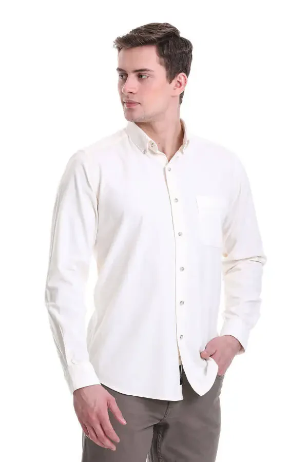 Beige Slim Fit Plain 100% Cotton Button-Down Collar Long Sleeve - 2