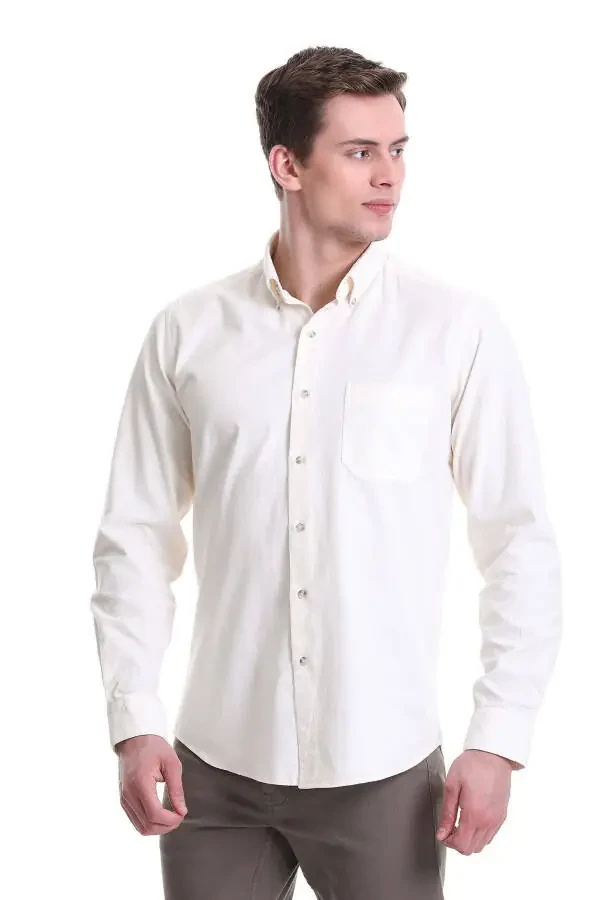 Beige Slim Fit Plain 100% Cotton Button-Down Collar Long Sleeve - 3