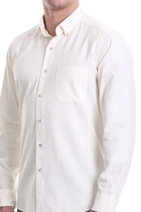 Beige Slim Fit Plain 100% Cotton Button-Down Collar Long Sleeve - 4