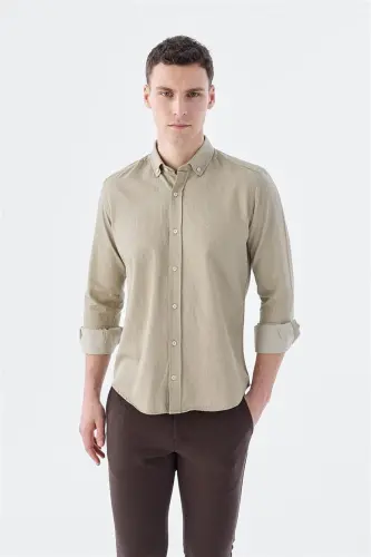 Beige Slim Fit Pocket Button-Down 100% Cotton Shirt - 1