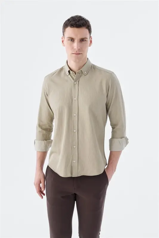 Beige Slim Fit Pocket Button-Down 100% Cotton Shirt - JAKAMEN