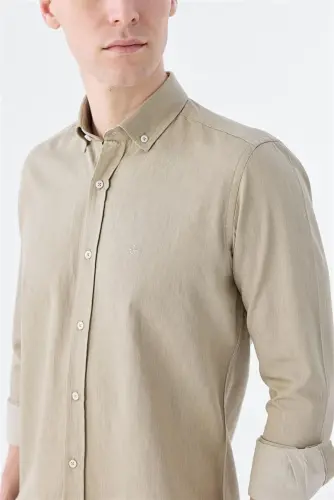 Beige Slim Fit Pocket Button-Down 100% Cotton Shirt - 3