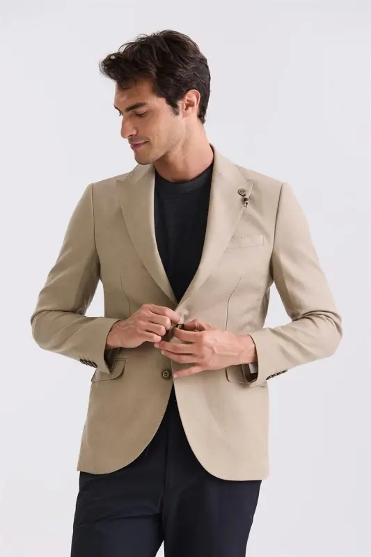 Beige Slim Fit Pointed Collar Linen Sport Jacket - 1