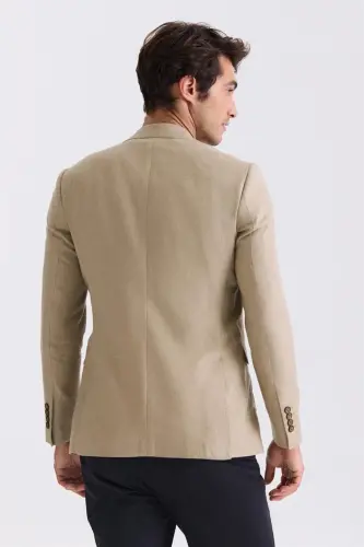 Beige Slim Fit Pointed Collar Linen Sport Jacket - 3