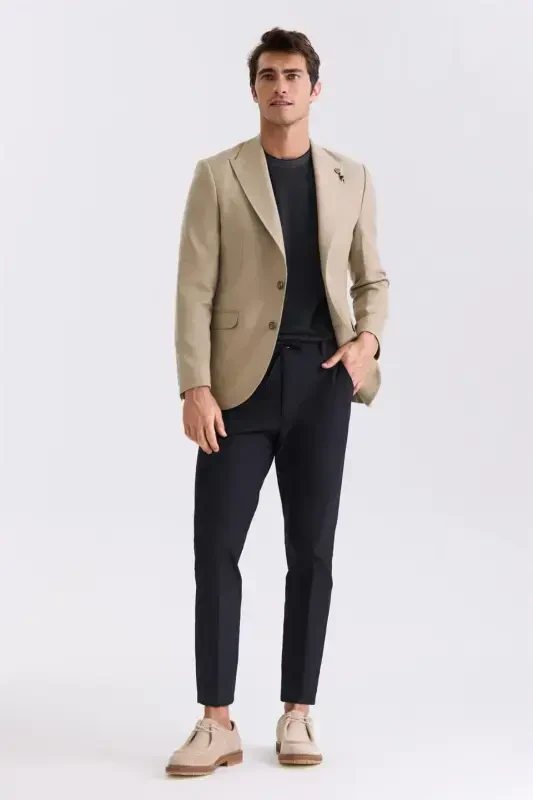 Beige Slim Fit Pointed Collar Linen Sport Jacket - 2