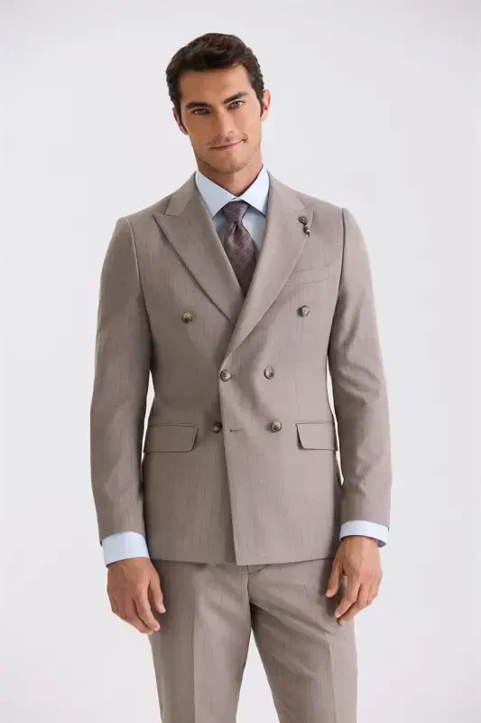 Beige Slim Fit Pointed Collar Striped Double Breasted Suit - 2