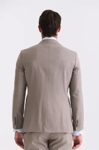 Beige Slim Fit Pointed Collar Striped Double Breasted Suit - 4