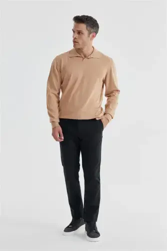 Beige Slim Fit Polo Neck Knitted Pullover 