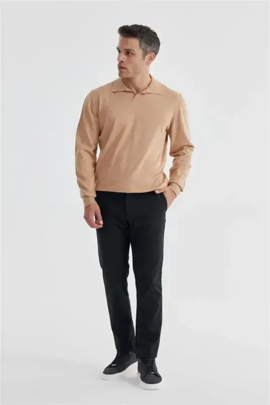 Beige Slim Fit Polo Neck Knitted Pullover - Modazone