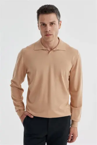 Beige Slim Fit Polo Neck Knitted Pullover - JAKAMEN (1)