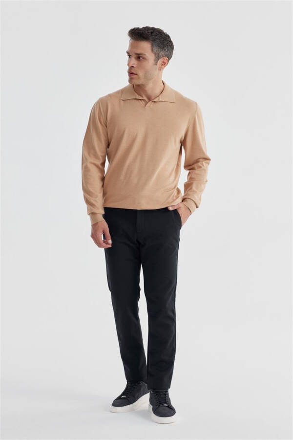 Beige Slim Fit Polo Neck Knitted Sweater - 1