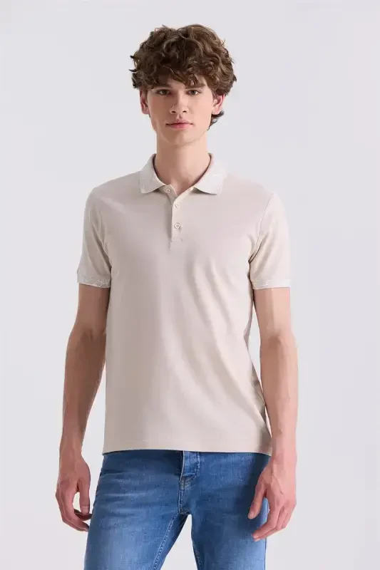 Beige Slim Fit Printed Polo T-Shirt - 1