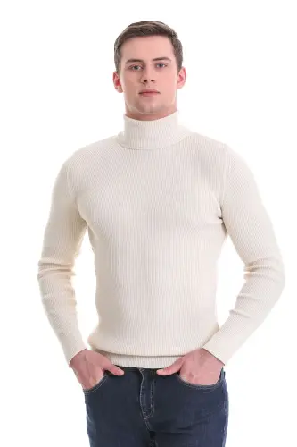 Beige Slim Fit Ribbed Turtleneck Wool Knit Sweater - Beige 