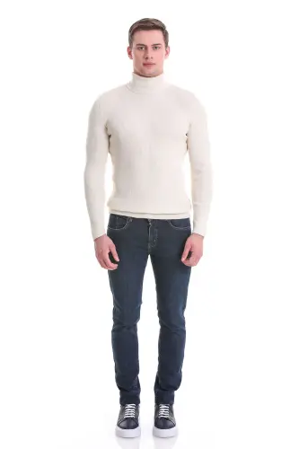Beige Slim Fit Ribbed Turtleneck Wool Knit Sweater - Beige - HATEMOĞLU (1)