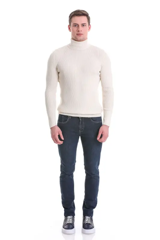 Beige Slim Fit Ribbed Turtleneck Wool Knit Sweater - Beige - 2