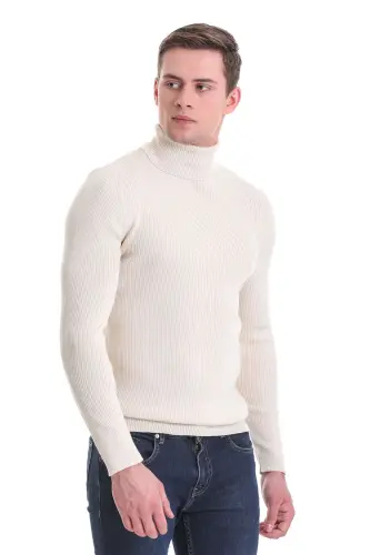 Beige Slim Fit Ribbed Turtleneck Wool Knit Sweater - Beige - 3