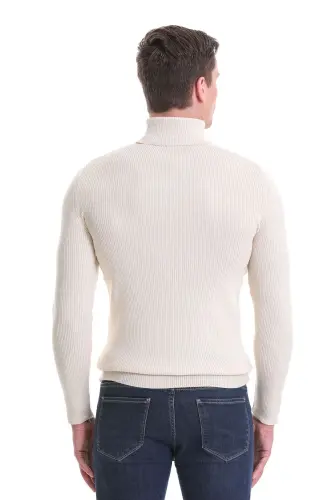 Beige Slim Fit Ribbed Turtleneck Wool Knit Sweater - Beige - 6