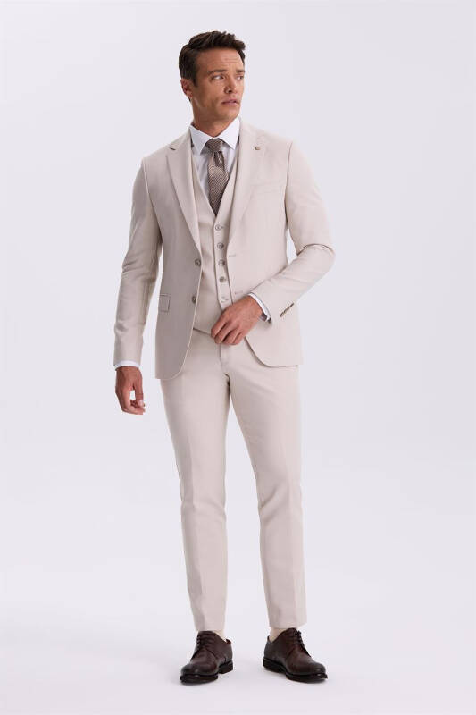 Beige Slim Fit Single Collar Double Slit Vest Suit - 1