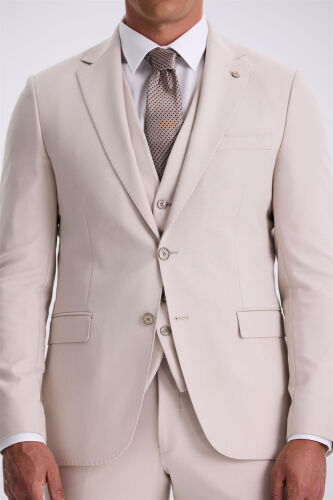 Beige Slim Fit Single Collar Double Slit Vest Suit - 3