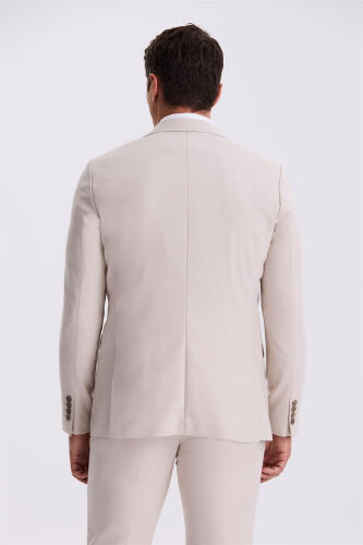 Beige Slim Fit Single Collar Double Slit Vest Suit - 4