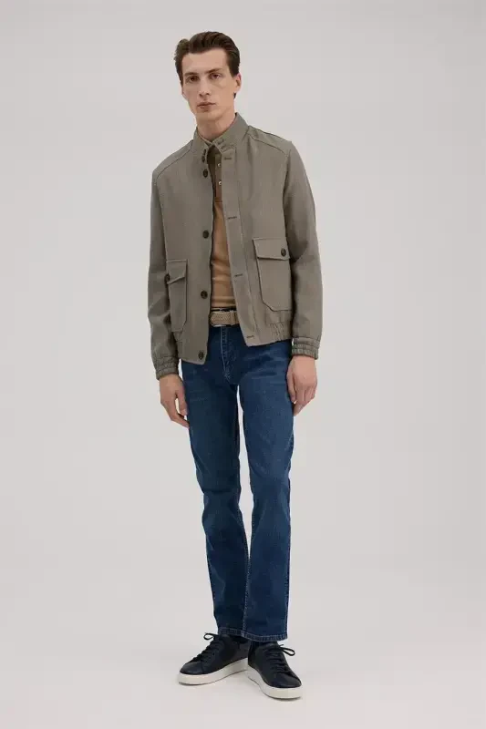 Beige Slim Fit Single Collar Pocketed Jacket Look Coat - JAKAMEN