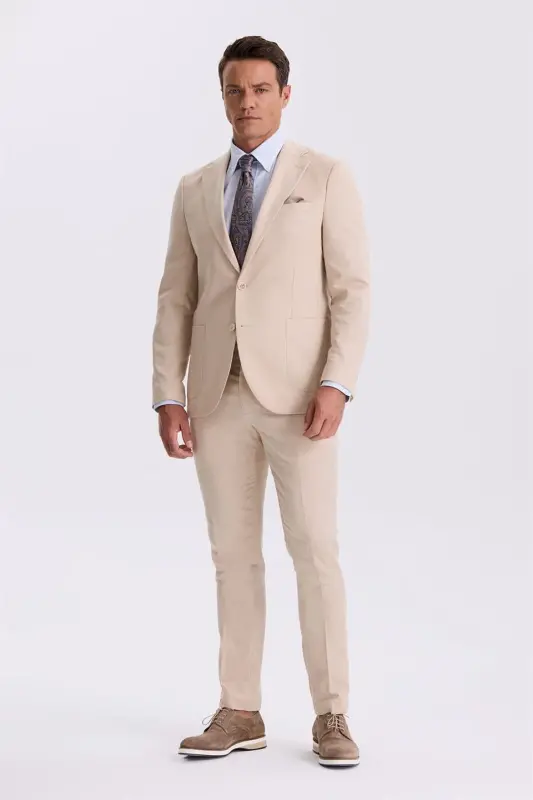 Beige Slim Fit Single Lapel Tencel Fabric Double Vent Jetted Pocket Suit - 1