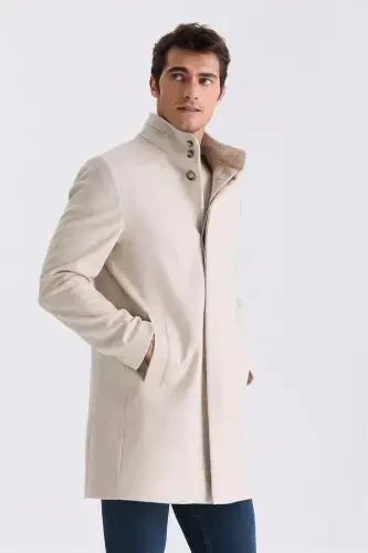 Beige Slim Fit Stand Collar Herringbone Pattern Wool Blazer 