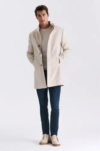 Beige Slim Fit Stand Collar Herringbone Pattern Wool Blazer - JAKAMEN (1)