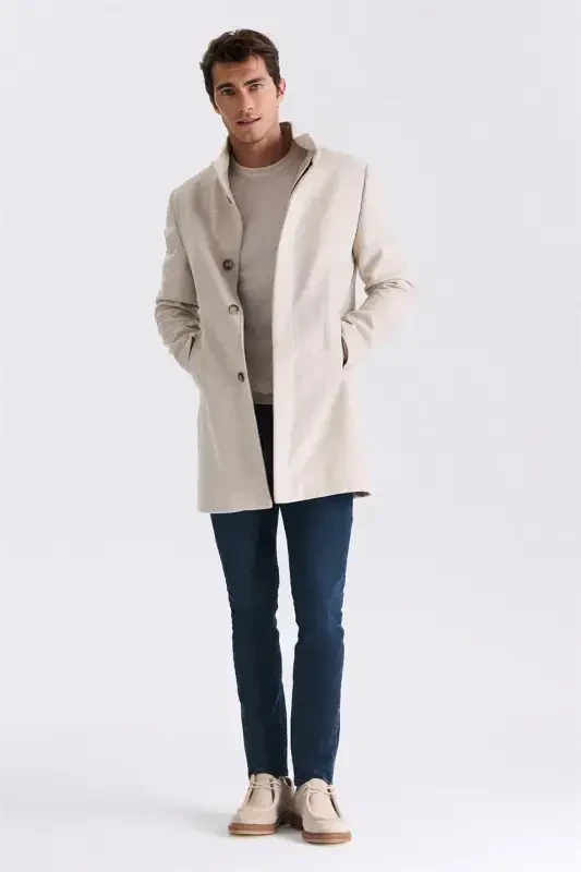 Beige Slim Fit Stand Collar Herringbone Pattern Wool Blazer - 2